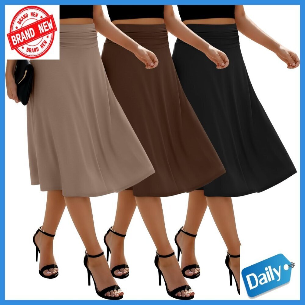3 Pack Midi Skirts Elastic Waist Flowy Lightweight Knee Length Casual